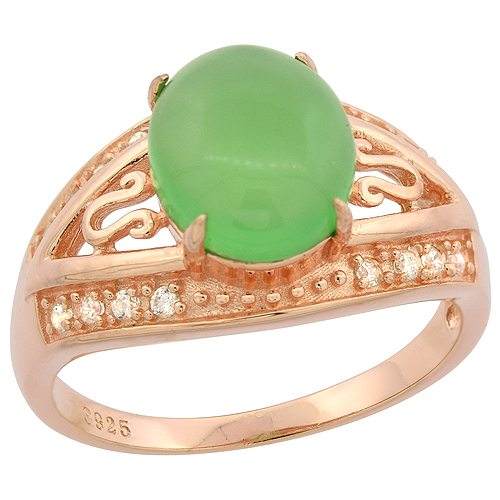 STERLING SILVER OVAL GREEN SERPENTINE RING DOMED CZ ACCENTS ROSE GOLD FINISH, 7/16 INCH WIDE, SIZES 6 - 9