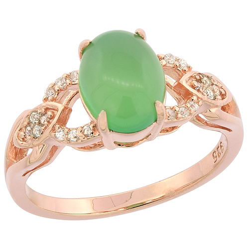 STERLING SILVER OVAL GREEN SERPENTINE RING WITH CZ ACCENTS ROSE GOLD FINISH, 11/32 INCH WIDE, SIZES 6 - 9