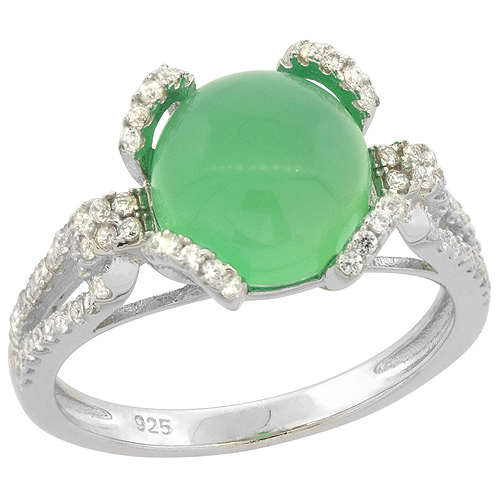STERLING SILVER ROUND GREEN SERPENTINE RING CZ ACCENTS RHODIUM FINISH, 7/16 INCH WIDE, SIZES 6 - 9