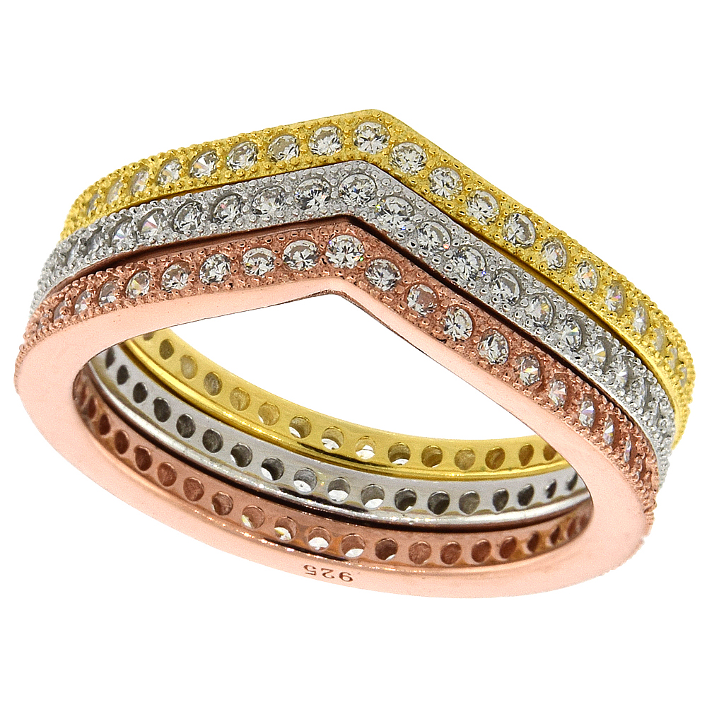 STERLING SILVER MICRO PAVE CUBIC ZIRCONIA ETERNITY STACKING RINGS CHEVRON SHAPE SET OF 3 PAVE SETTING 3-COLOR 1/4 INCH WIDE, SIZES 6 10