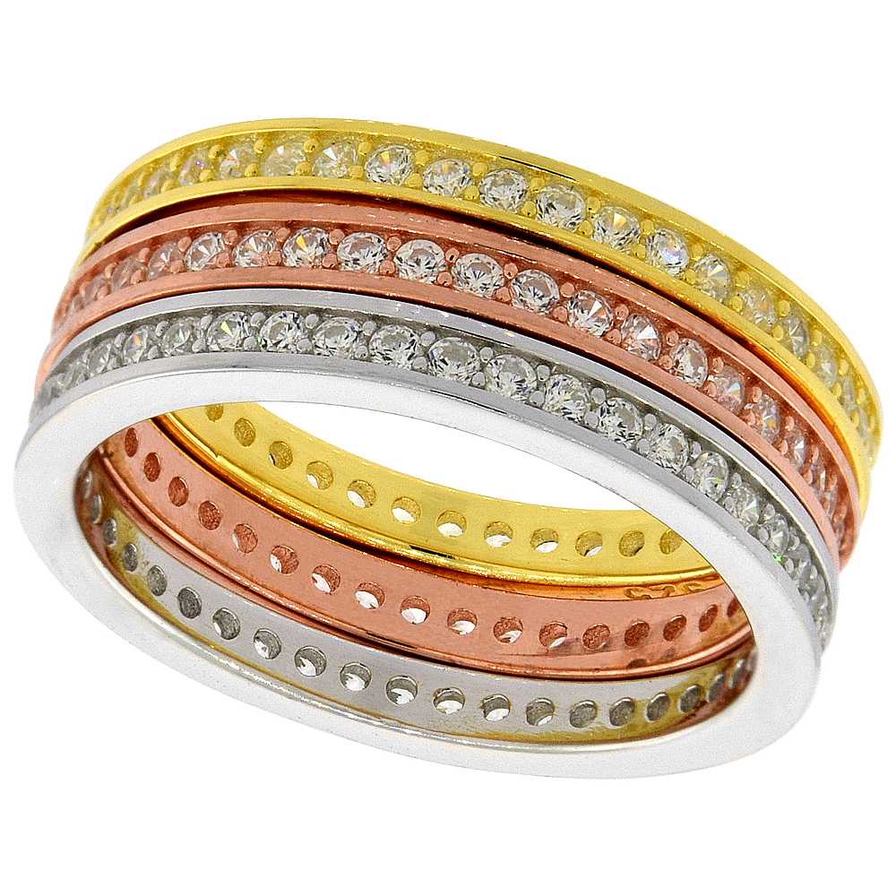 STERLING SILVER MICRO PAVE CUBIC ZIRCONIA ETERNITY STACKING RINGS SET OF 3 CANNEL SETTING 3-COLOR 1/4 INCH WIDE, SIZES 6 10