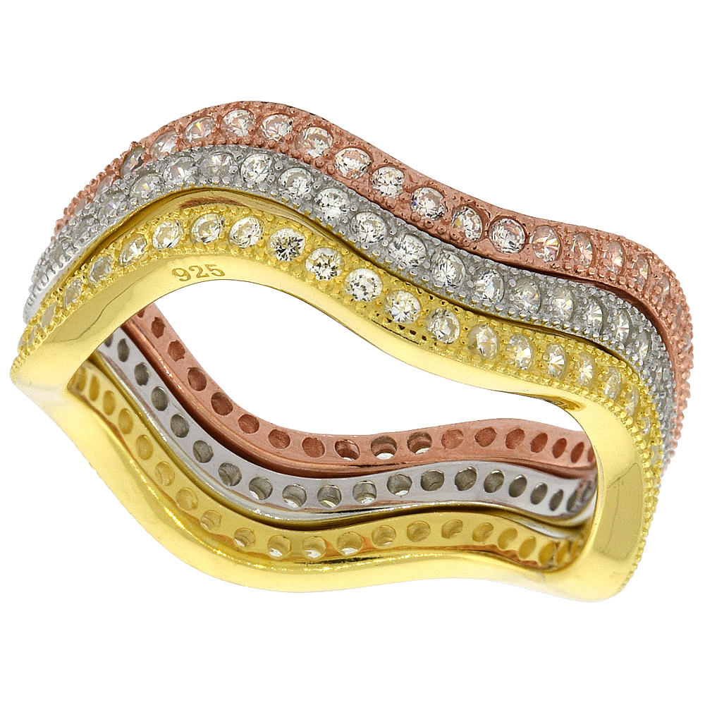 STERLING SILVER MICRO PAVE CUBIC ZIRCONIA ETERNITY STACKING RINGS WAVY SHAPE SET OF 3 PAVE SETTING 3-COLOR 1/4 INCH WIDE, SIZES 6 10