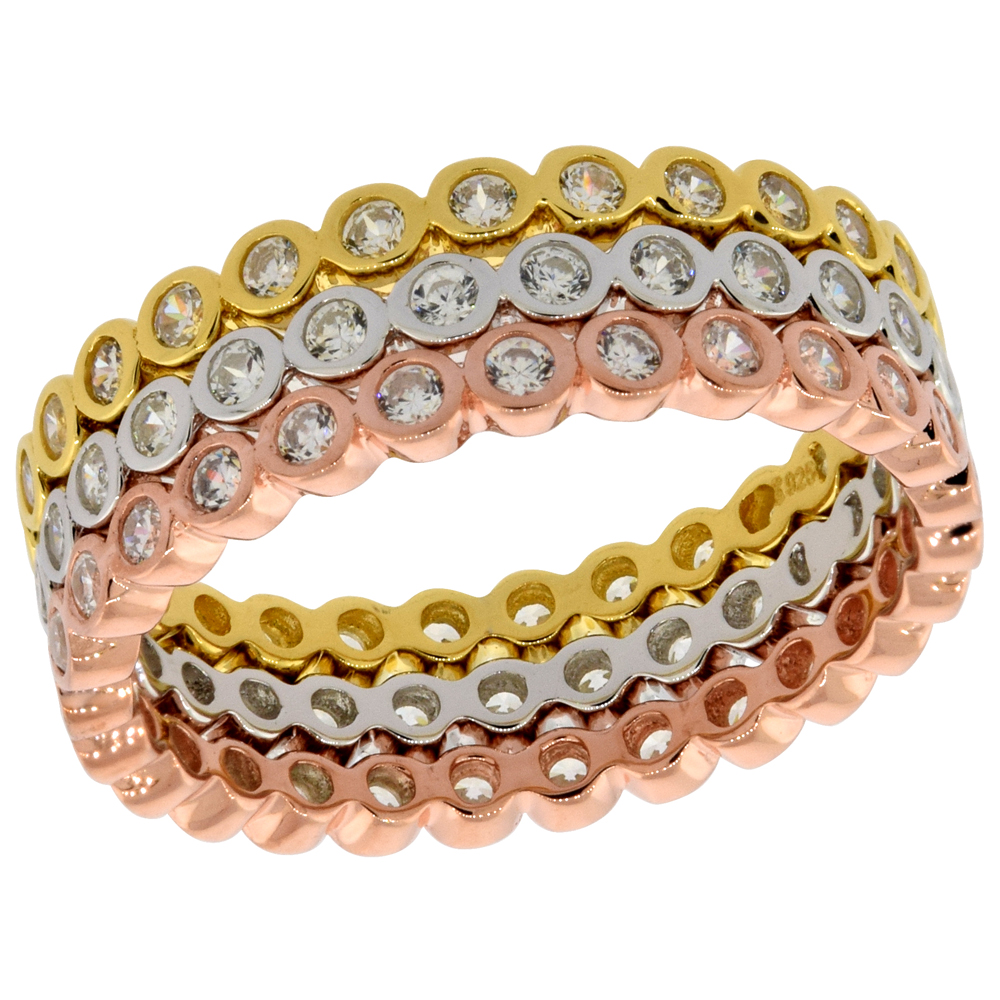 STERLING SILVER MICRO PAVE CUBIC ZIRCONIA 3-PC. STACKABLE ETERNITY WEDDING BAND TRI-TONE, SIZES 6 - 9