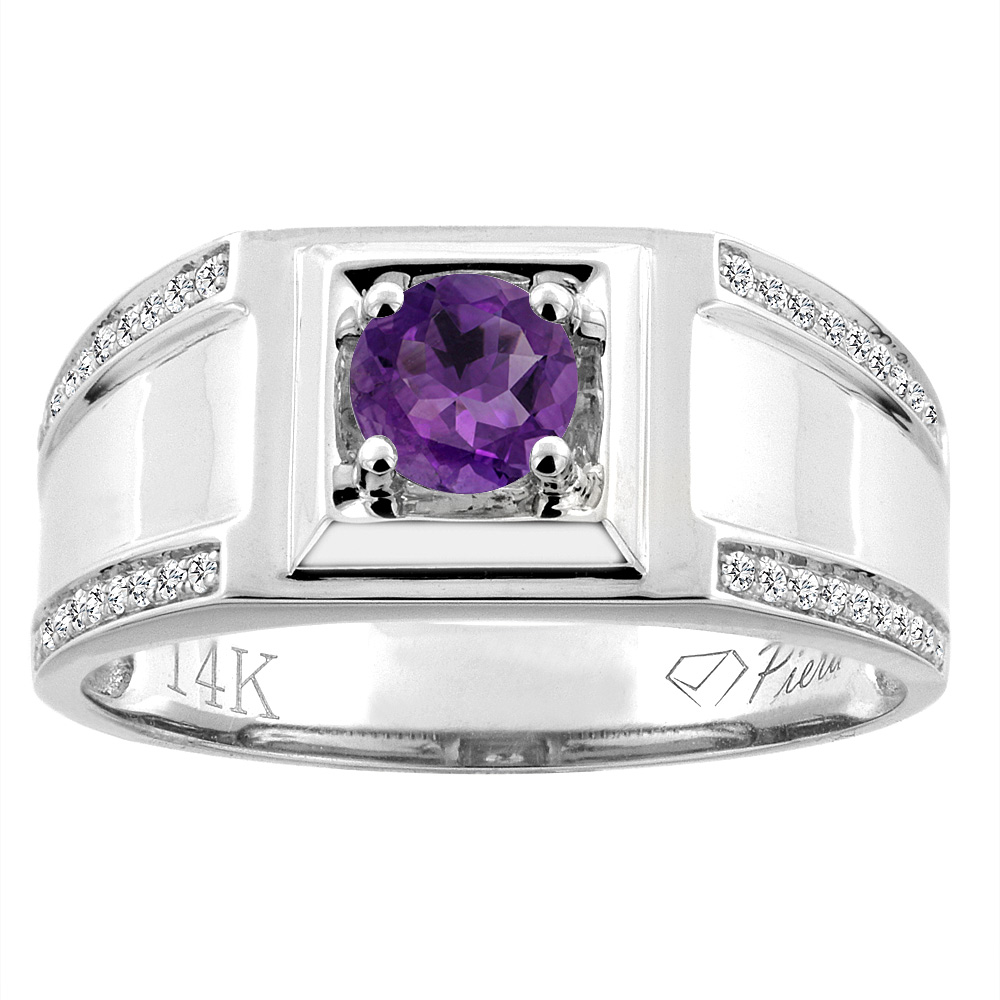 14K White Gold Natural Amethyst Men&#039;s Ring Diamond Accented 3/8 inch wide, sizes 9 - 14