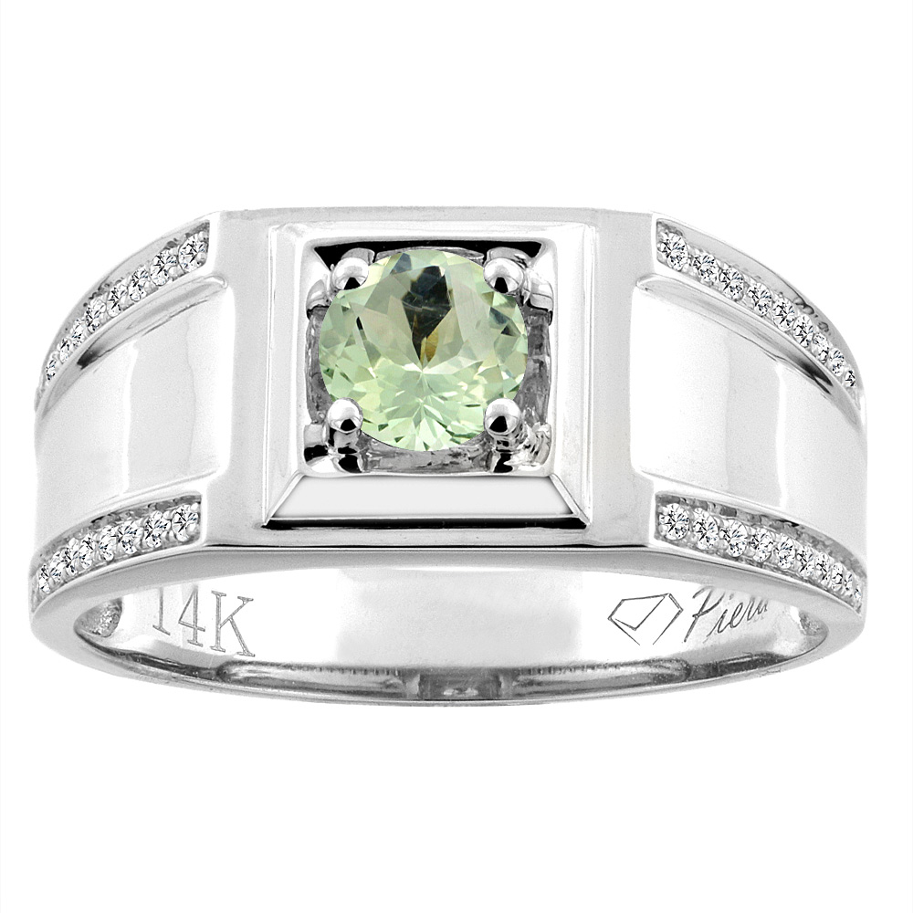 14K White Gold Natural Green Amethyst Men's Ring Diamond Accented 3/8 inch wide, sizes 9 - 14