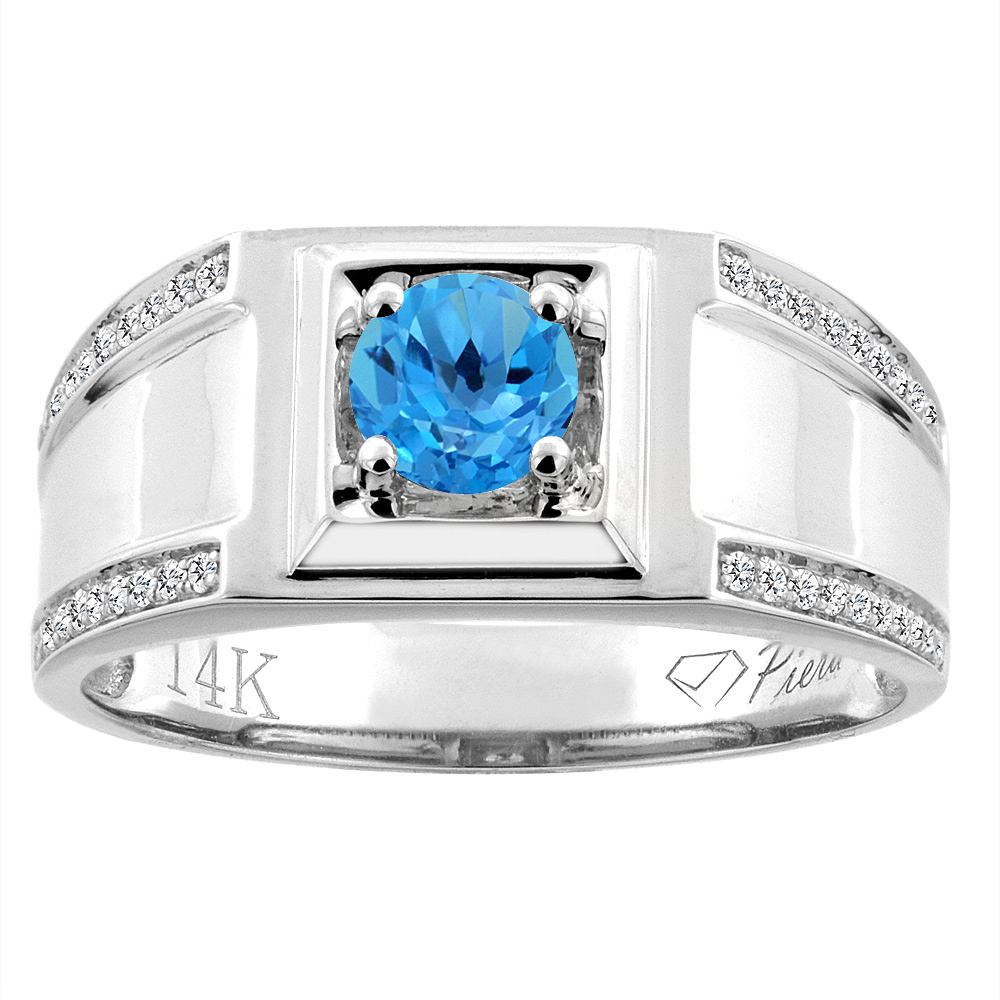 14K White Gold Natural Swiss Blue Topaz Men's Ring Diamond Accented 3/8 inch wide, sizes 9 - 14