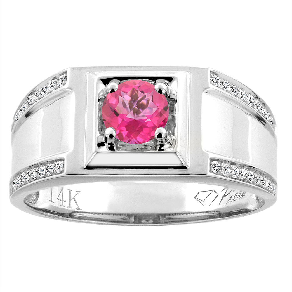 14K White Gold Natural Pink Topaz Men&#039;s Ring Diamond Accented 3/8 inch wide, sizes 9 - 14