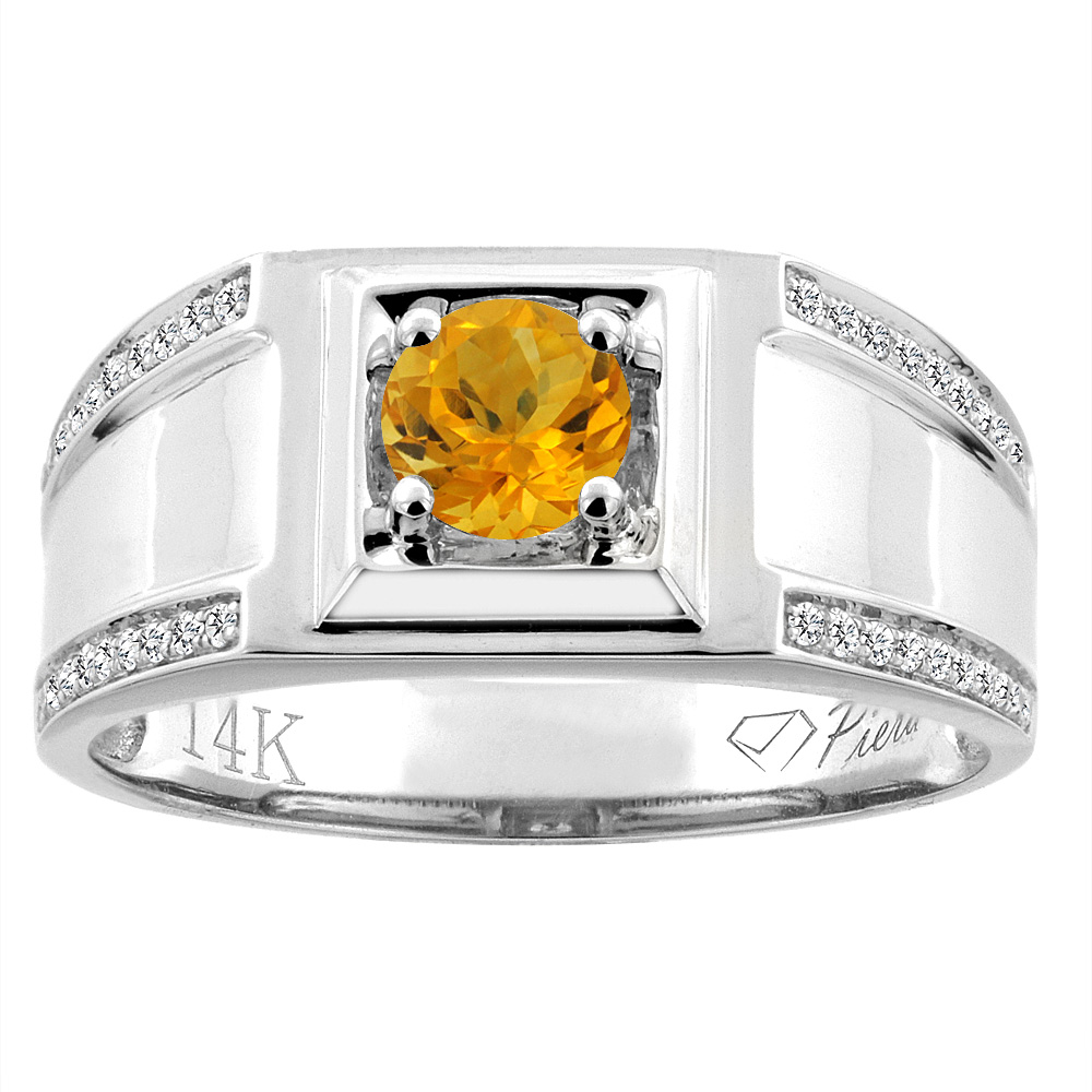 14K White Gold Natural Citrine Men's Ring Diamond Accented 3/8 inch wide, sizes 9 - 14
