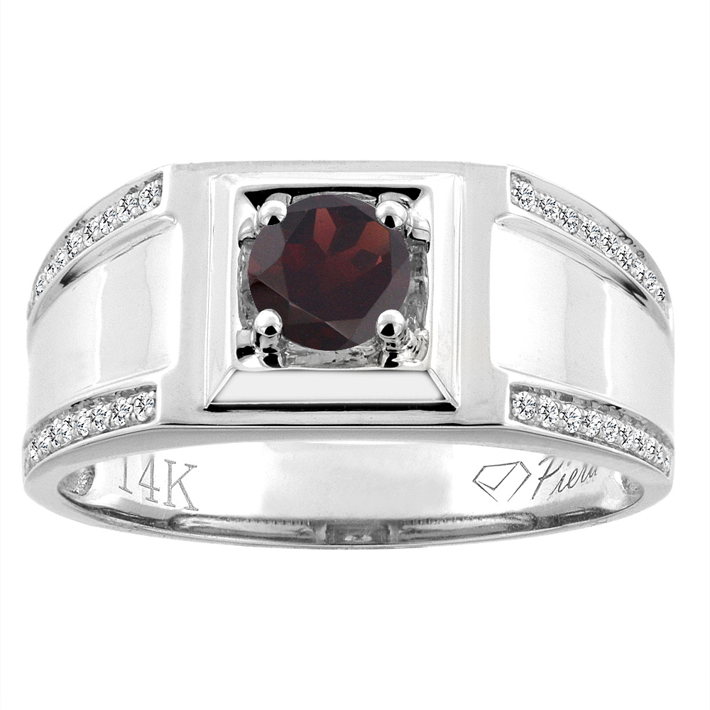 14K White Gold Natural Garnet Men's Ring Diamond Accented 3/8 inch wide, sizes 9 - 14