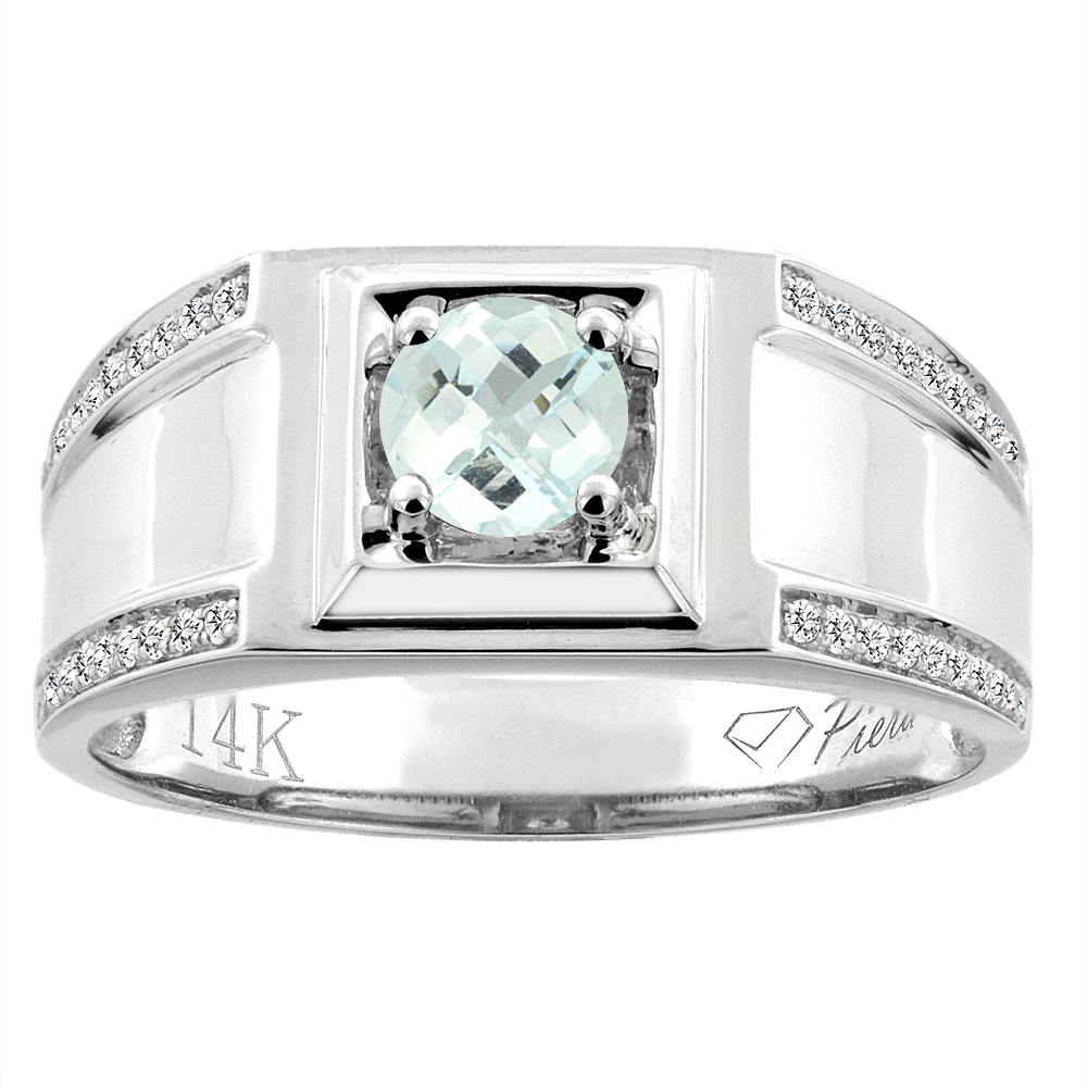 14K White Gold Natural Aquamarine Men's Ring Diamond Accented 3/8 inch wide, sizes 9 - 14