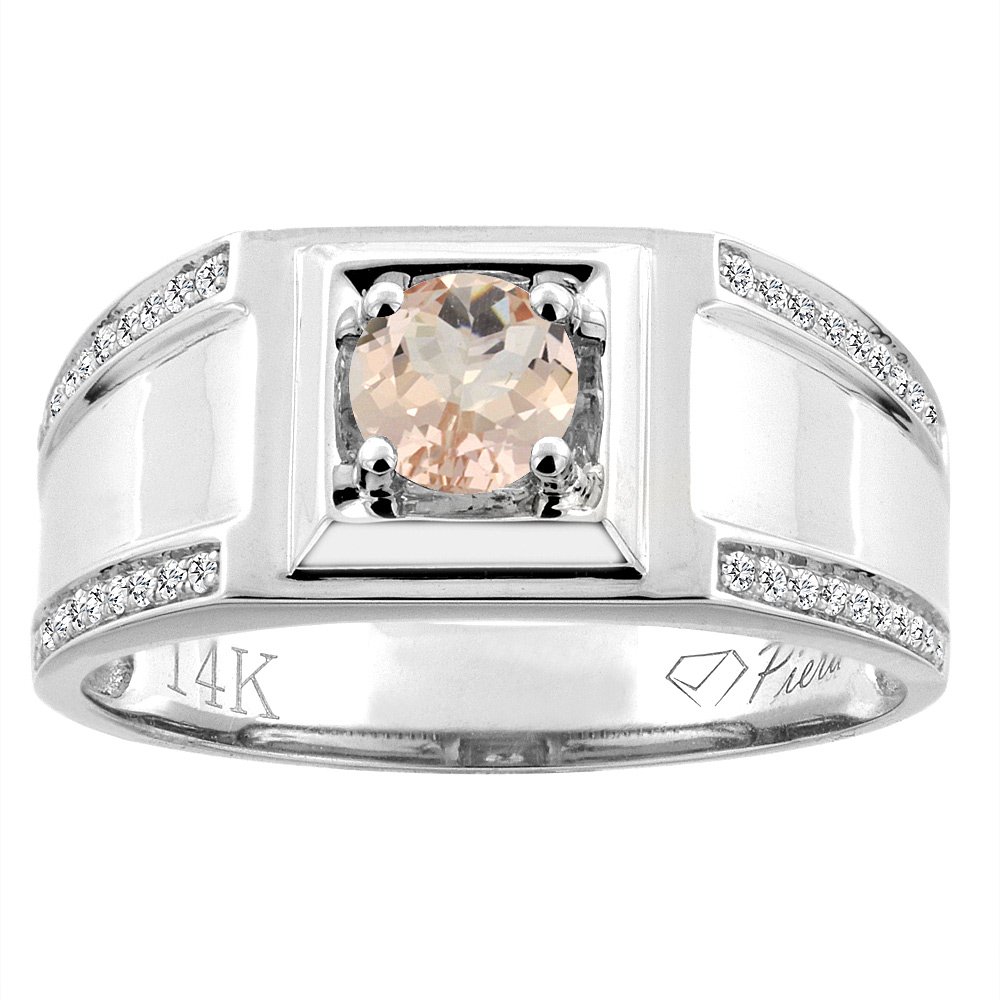 14K White Gold Natural Morganite Men's Ring Diamond Accented 3/8 inch wide, sizes 9 - 14