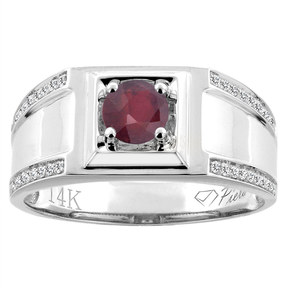 14K White Gold Enhanced Ruby Men's Ring Diamond Accented 3/8 inch wide, sizes 9 - 14