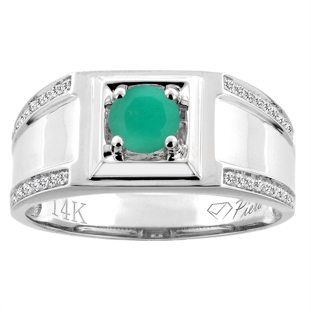 14K White Gold Natural Emerald Men's Ring Diamond Accented 3/8 inch wide, sizes 9 - 14