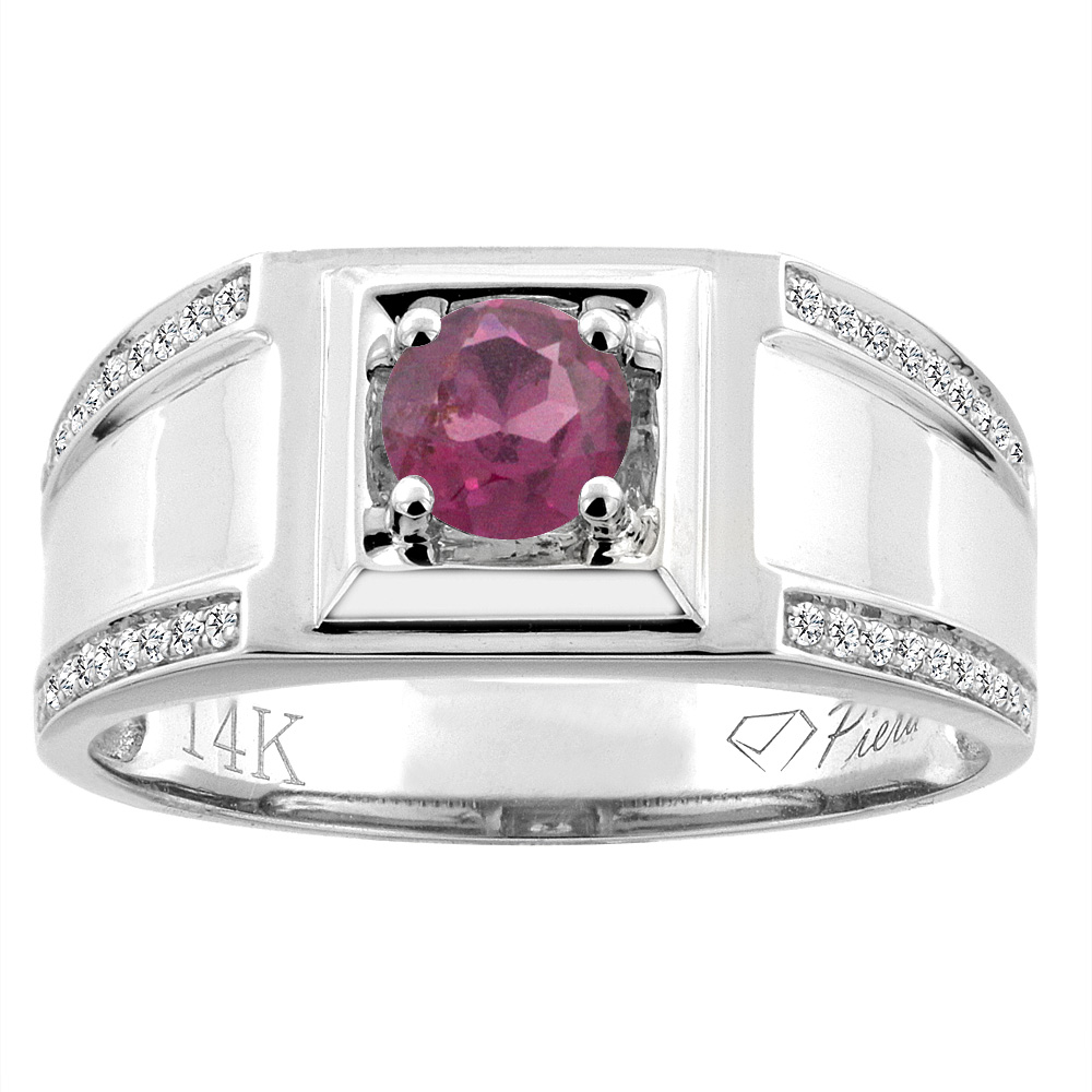 14K White Gold Natural Rhodolite Men's Ring Diamond Accented 3/8 inch wide, sizes 9 - 14