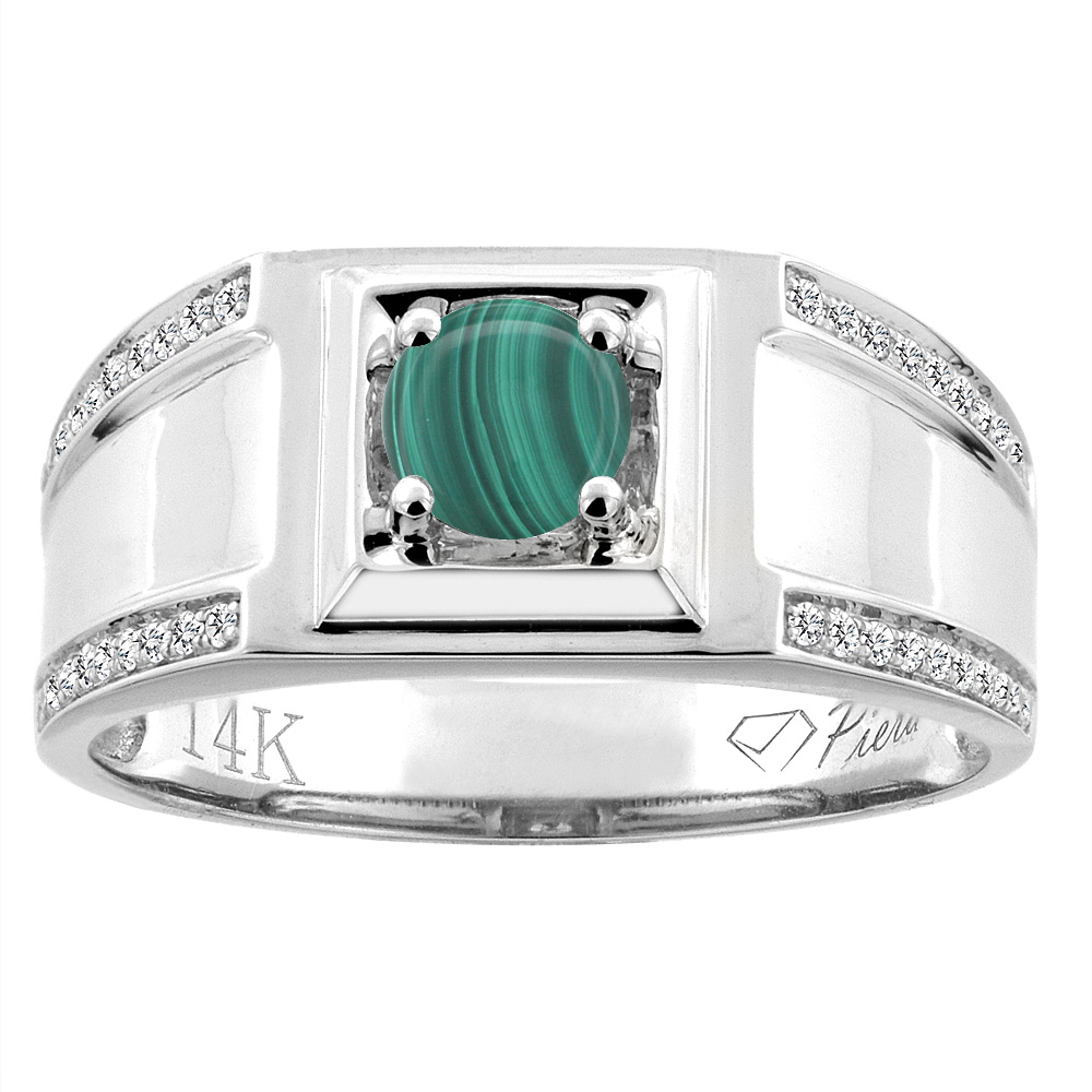 14K White Gold Natural Malachite Men's Ring Diamond Accented 3/8 inch wide, sizes 9 - 14