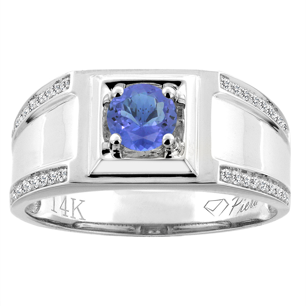 14K White Gold Natural Tanzanite Men's Ring Diamond Accented 3/8 inch wide, sizes 9 - 14