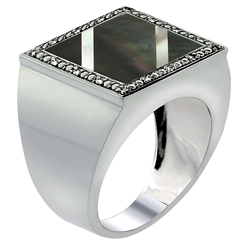 10k White Gold Diamond Natural Abalone & Mother of Pearl Mosaic Stripe Ring Square 9/16 inch, size 9-14