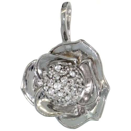 14k White Gold 18 in. Thin Chain & Rose Flower Pendant w/ 0.41 Carat Brilliant Cut ( H-I Color; VS2-SI1 Clarity ) Diamonds