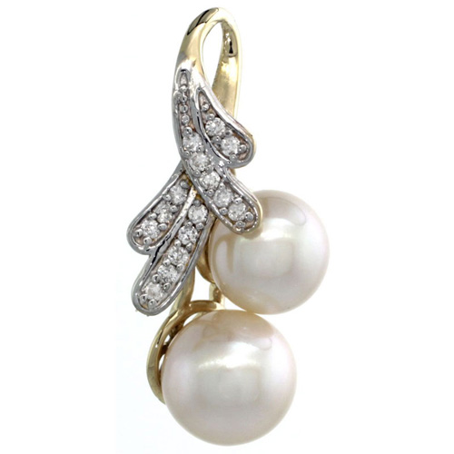 14k Gold 18 in. Thin Chain & Ribbon Pearl Pendant w/ 0.14 Carat Brilliant Cut ( H-I Color; VS2-SI1 Clarity ) Diamonds & 8mm White Pearl