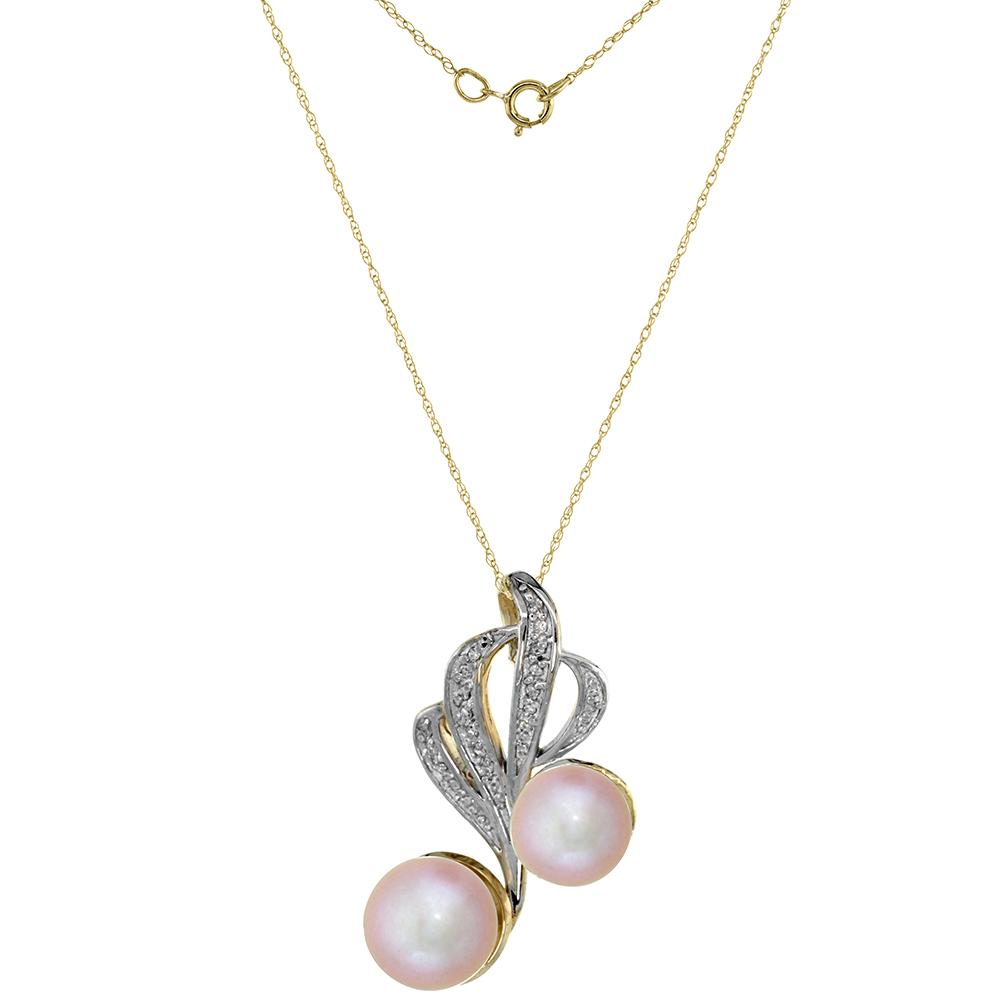 14k Yellow Gold Diamond 9mm & 11mm Pink Pearl Necklace 0.23 ct Round Brilliant cut, 18 inch long