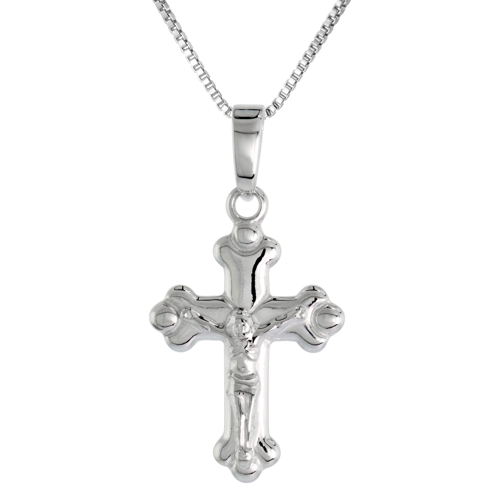 Sterling Silver Small Budded Cross Crucifix Pendant Solid Back High Polished, 5/8 inch wide