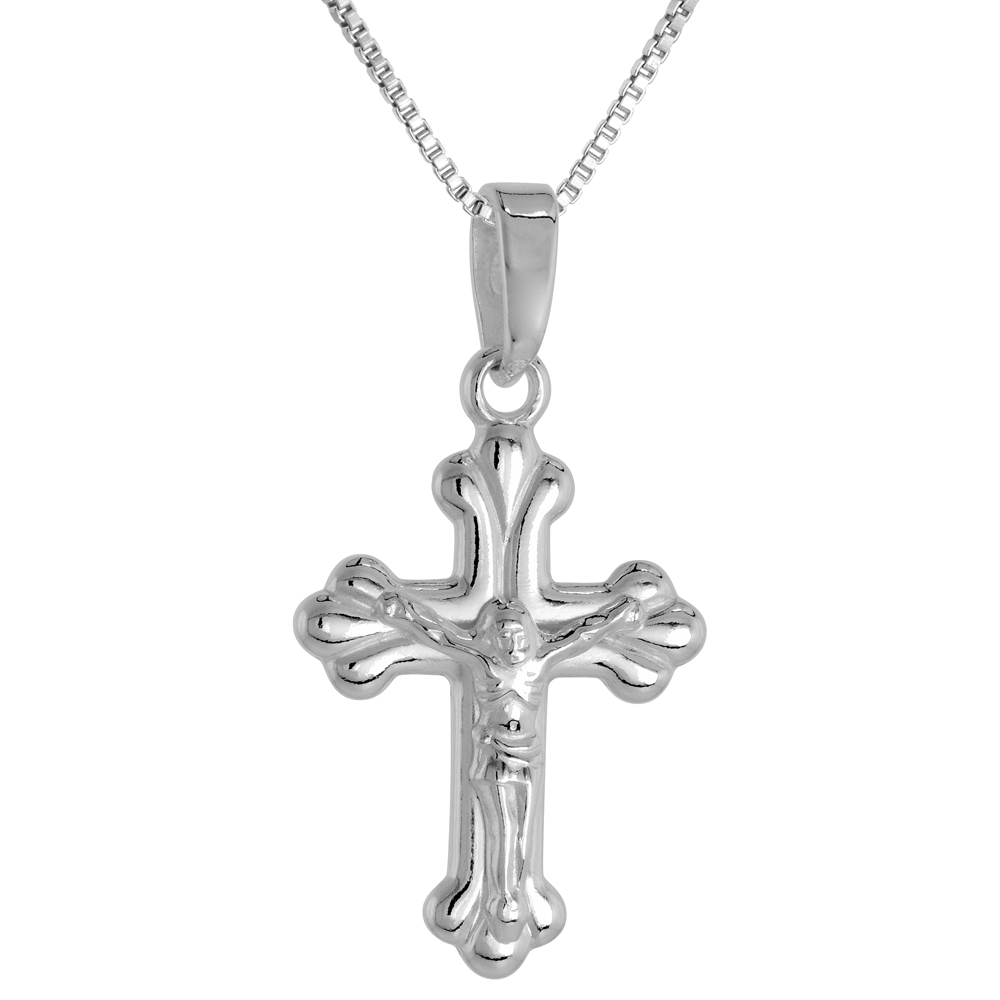 Sterling Silver Small Budded Cross Crucifix Pendant Solid Back High Polished, 5/8 inch wide
