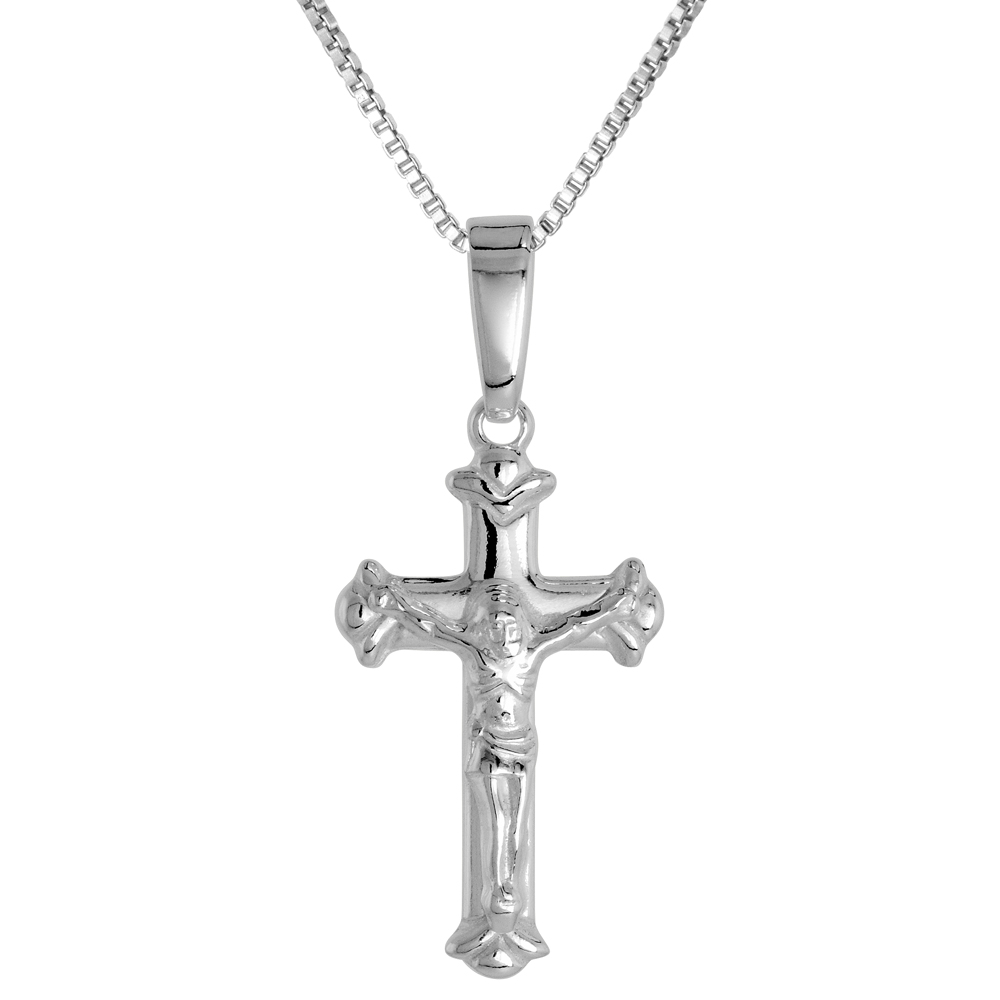 Sterling Silver Dainty Crucifix Pendant Solid Back High Polished, 1/2 inch wide
