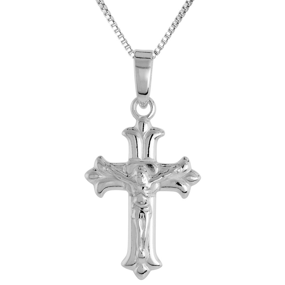 Sterling Silver Small Cross Fleury Crucifix Pendant Solid Back High Polished, 5/8 inch wide