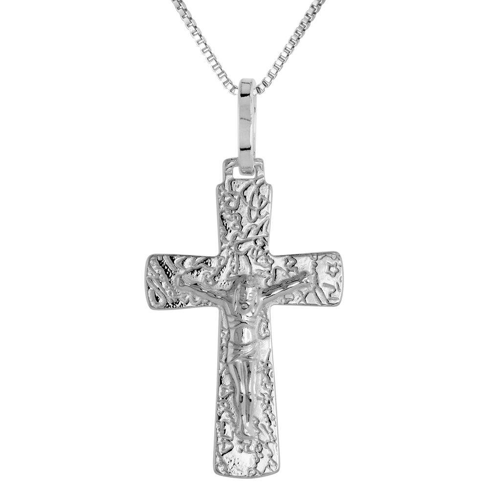 Sterling Silver Crucifix Pendant Nugget Finish Solid Back, 3/4 inch wide