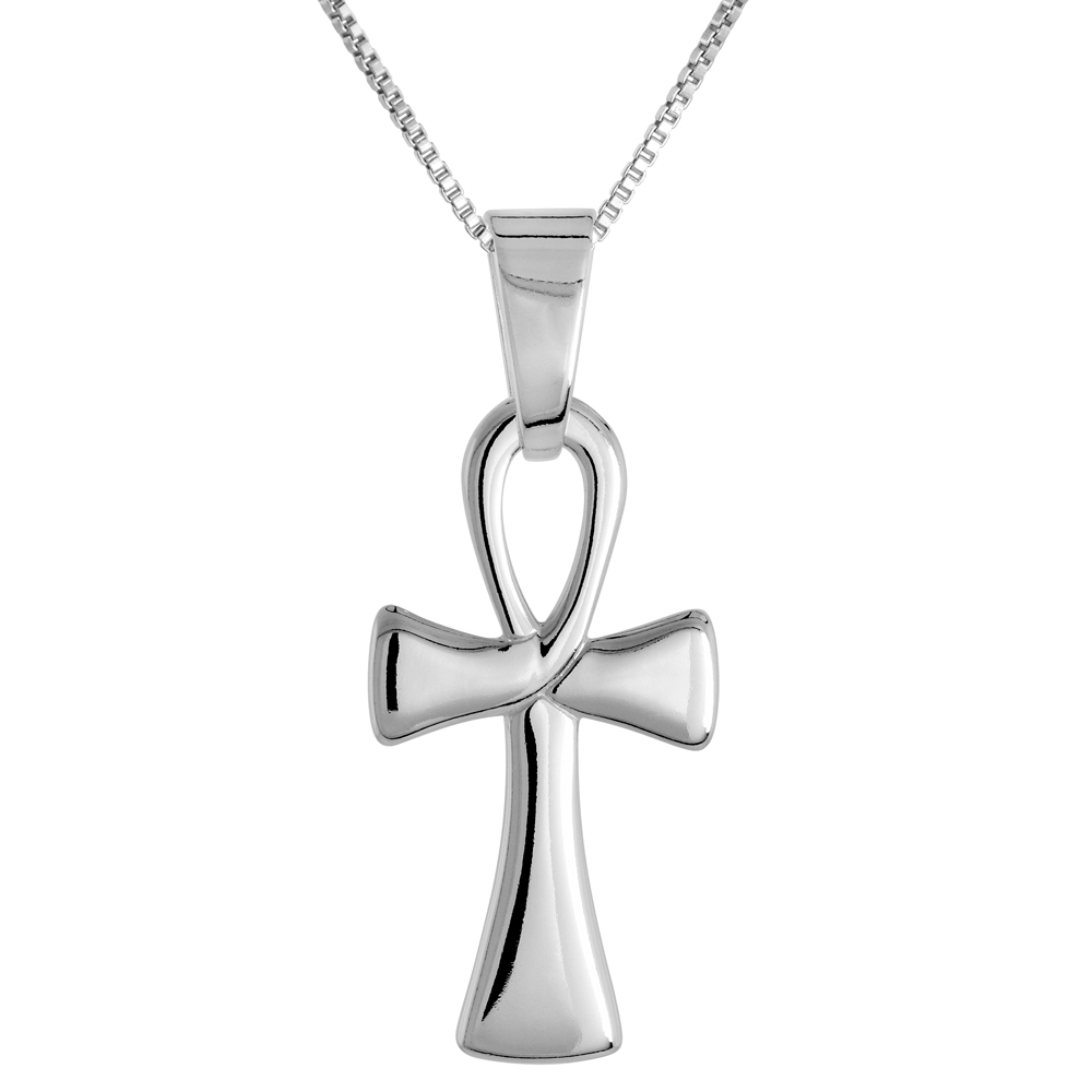 Sterling Silver Small Ankh Pendant Stylized Solid Back High Polished, 9/16 inch wide