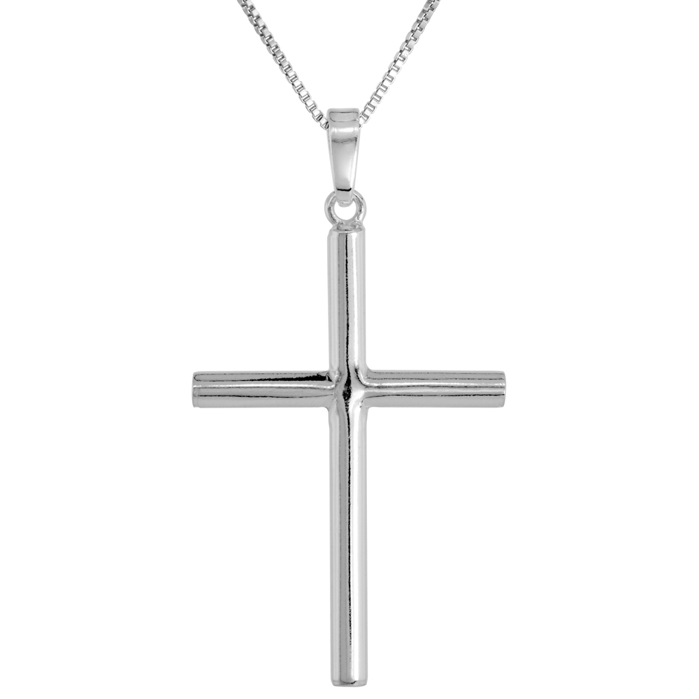 Sterling Silver Large Plain Cross Pendant Tubular High Polished, 1 inch wide
