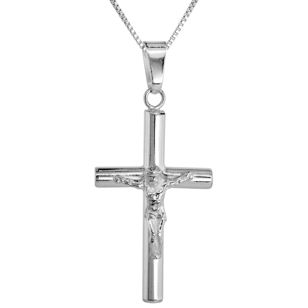 Sterling Silver Large Plain Crucifix Pendant Solid Back High Polished, 7/8 inch wide