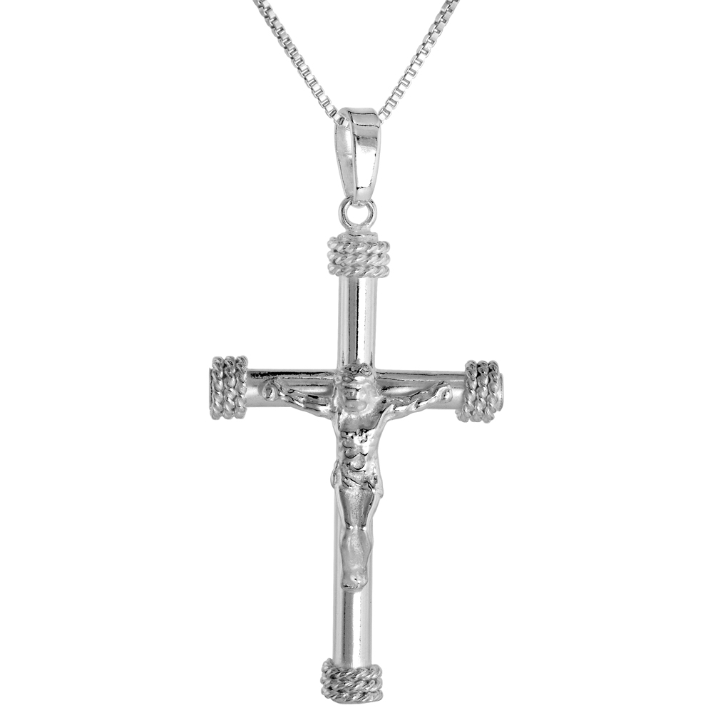 Sterling Silver Rope Cross Crucifix Pendant Solid Back High Polished, 15/16 inch wide