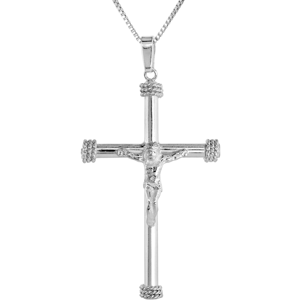 Sterling Silver Large Rope Cross Crucifix Pendant Solid Back High Polished, 1 5/32 inch wide