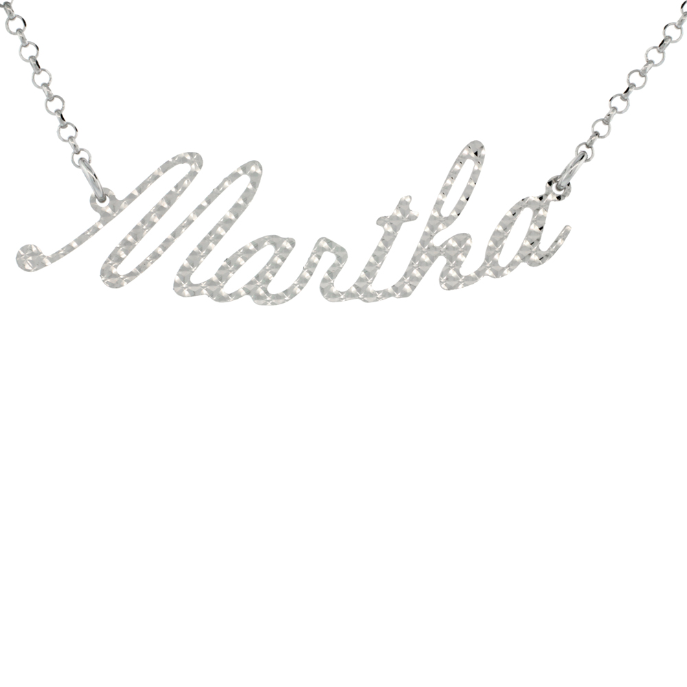 STERLING SILVER NAME NECKLACE MARTHA DIAMOND CUT PLATINUM COATED ITALY, ABOUT 3/4 INCH WIDE 16 INCHES + 2 INCH EXTENSION