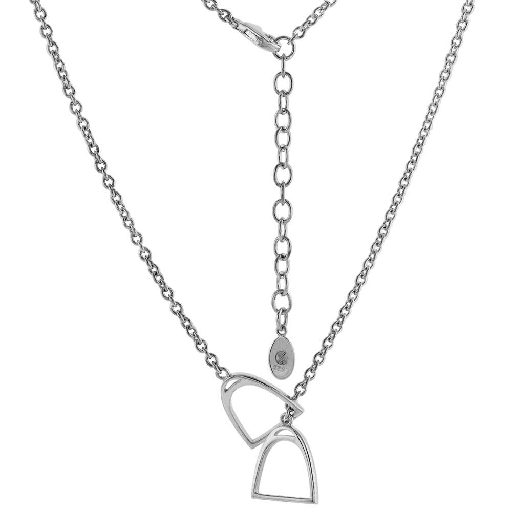 1/2 INCH WIDE STERLING SILVER HORSE STIRRUPS NECKLACE FOR WOMEN LARIAT STYLE FLAWLESS HIGH POLISHED FINISH 20-22 INCH