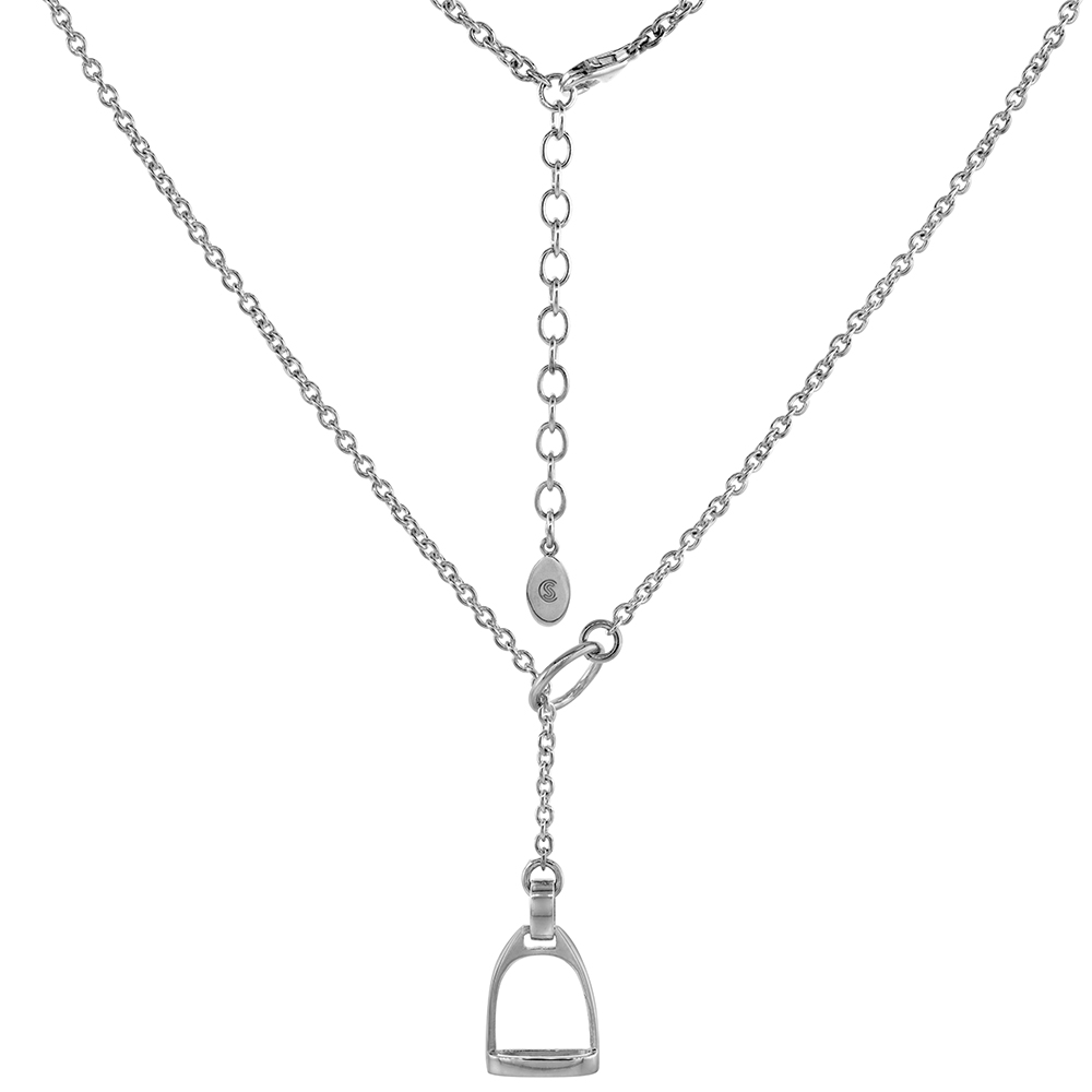 9/16 INCH WIDE STERLING SILVER HORSE STIRRUPS NECKLACE FOR WOMEN LARIAT STYLE FLAWLESS HIGH POLISHED FINISH 20-22 INCH