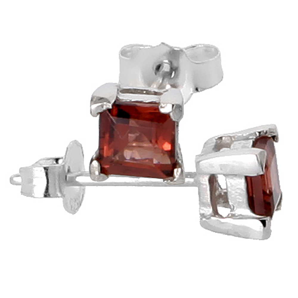 JANUARY BIRTHSTONE, NATURAL GARNET 0.40 CARAT (4 MM) SIZE PRINCESS CUT SQUARE STUD EARRINGS IN STERLING SILVER BASKET SETTING