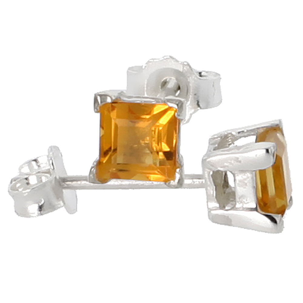 STERLING SILVER NATURAL CITRINE STUD EARRINGS 4MM PRINCESS SQUARE CUT BASKET SETTING