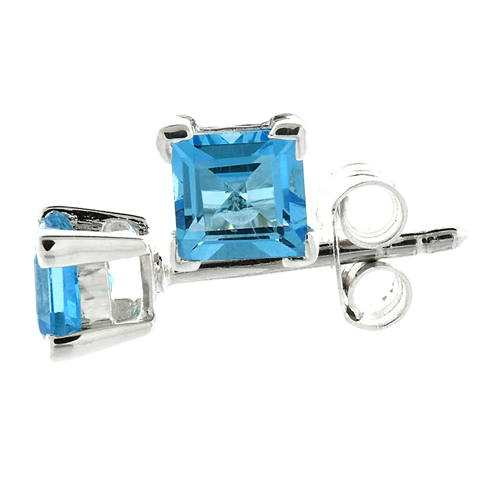 DECEMBER BIRTHSTONE, NATURAL BLUE TOPAZ 0.40 CARAT (4 MM) SIZE PRINCESS CUT SQUARE STUD EARRINGS IN STERLING SILVER BASKET SETTING
