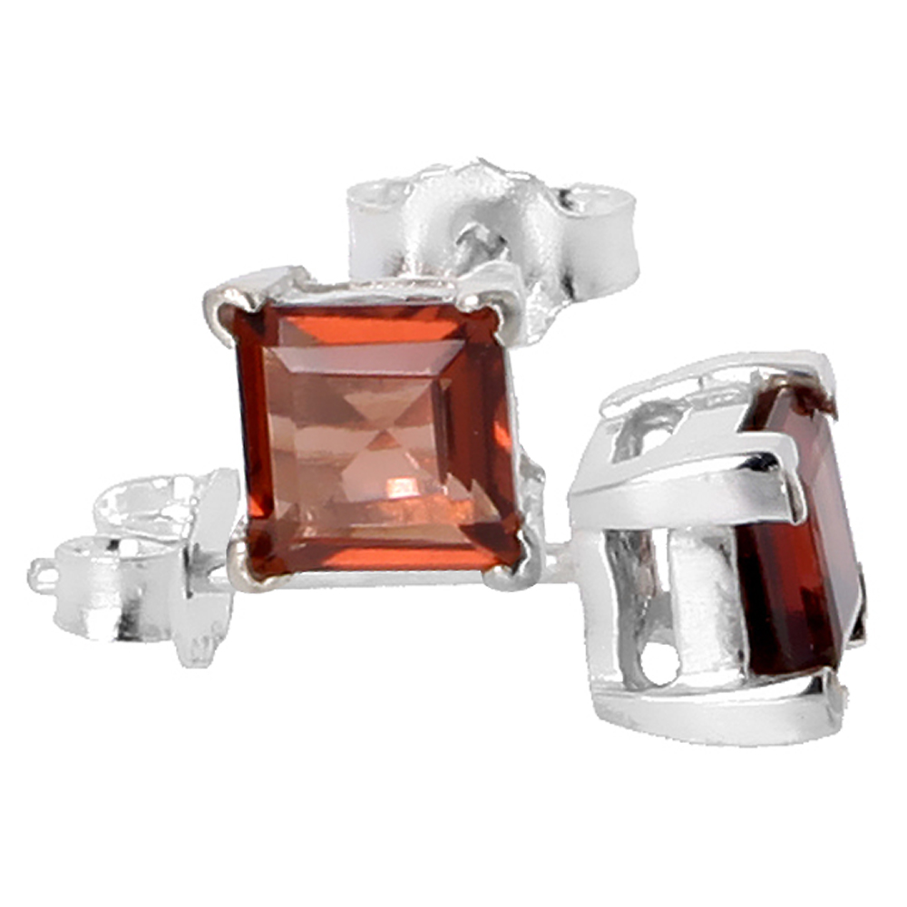 January Birthstone, Natural Garnet 3/4 Carat (5 mm) Size Princess Cut Square Stud Earrings in Sterling Silver Basket Setting