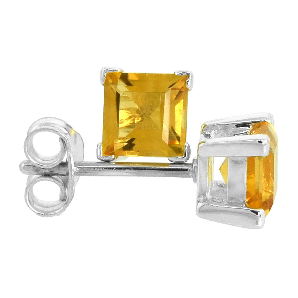 STERLING SILVER NATURAL CITRINE STUD EARRINGS 5MM PRINCESS SQUARE CUT BASKET SETTING