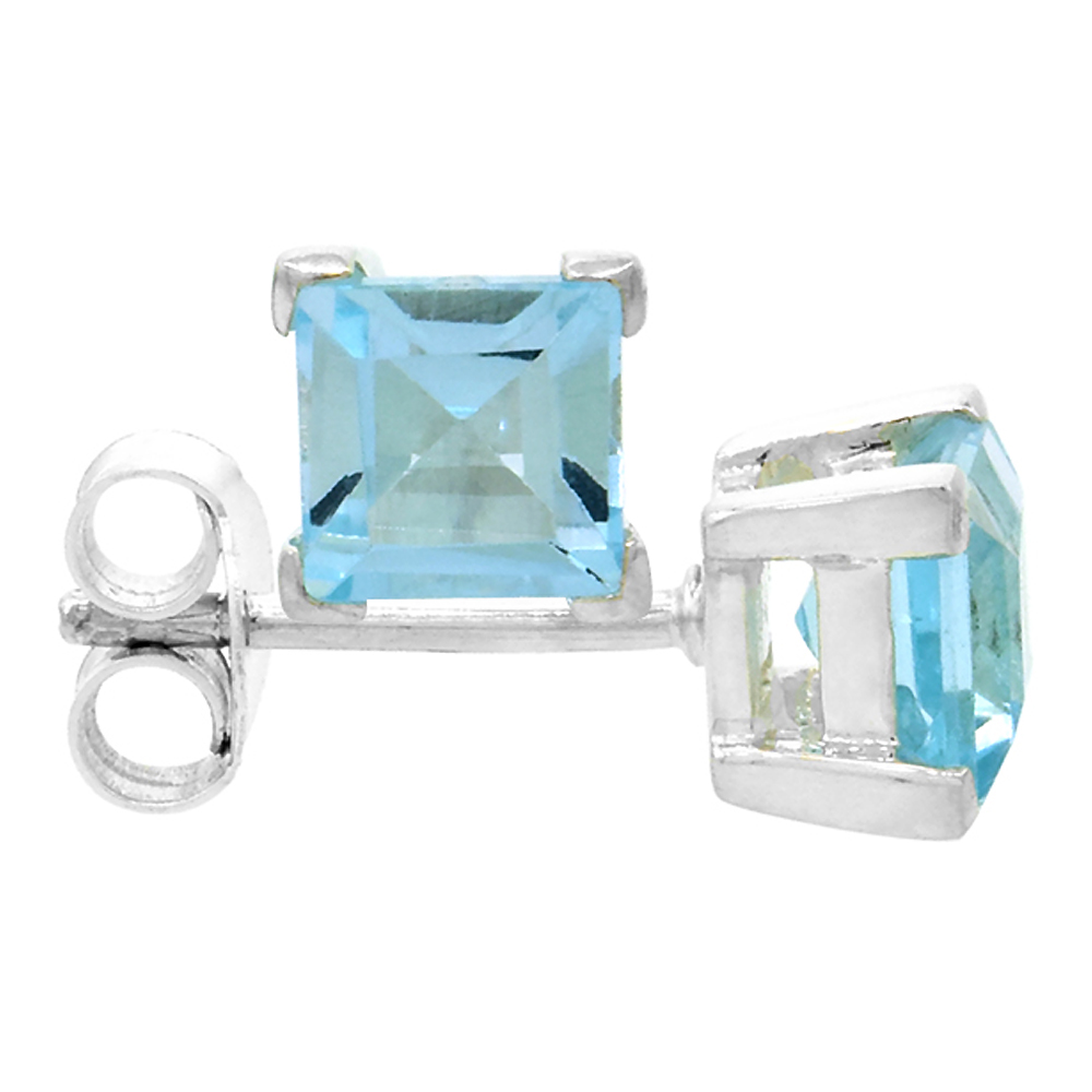 December Birthstone, Natural Blue Topaz 3/4 Carat (5 mm) Size Princess Cut Square Stud Earrings in Sterling Silver Basket Setting