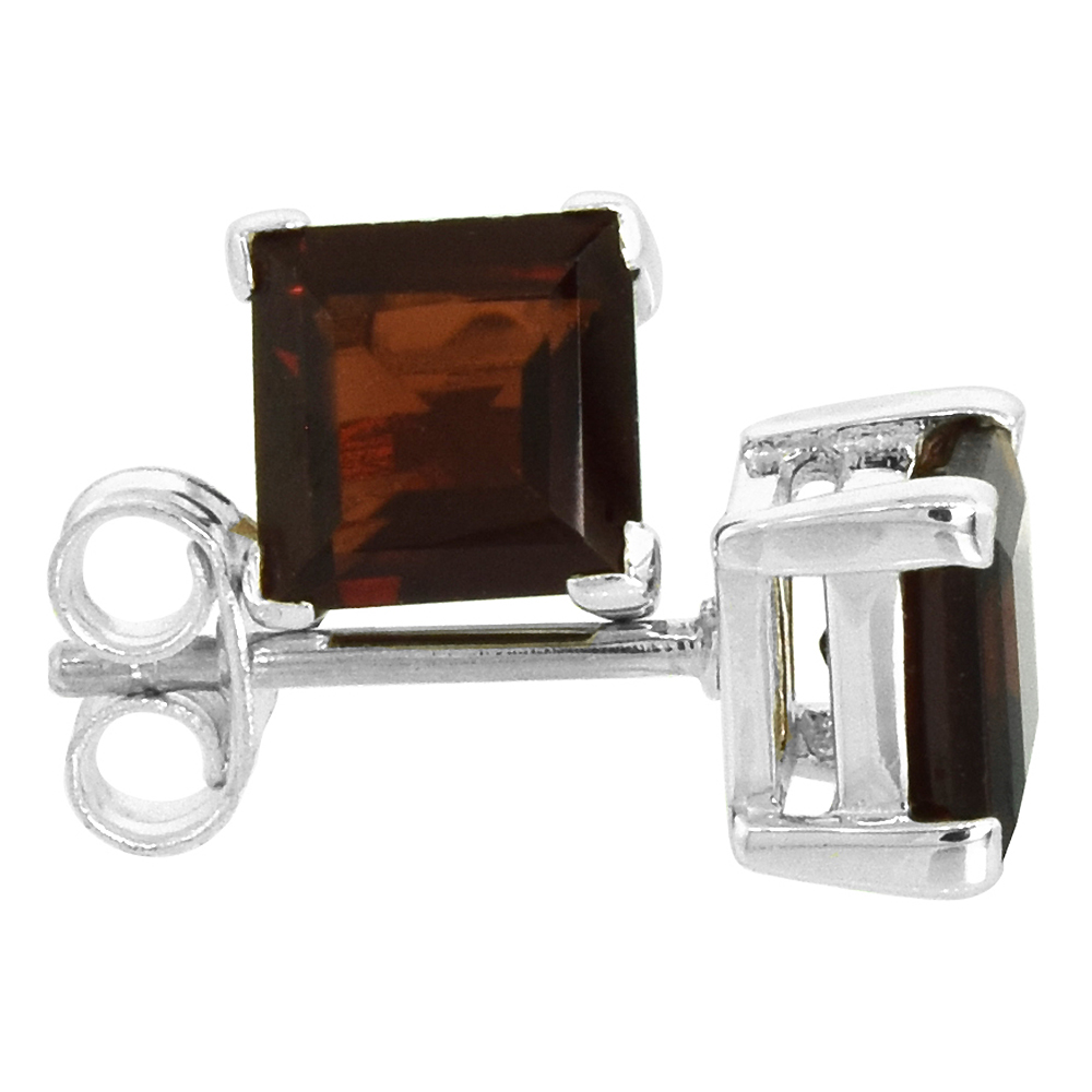 STERLING SILVER 6 MM PRINCESS CUT GENUINE GARNET STUD EARRINGS 4 PRONG BASKET SETTING 1 1/4 CARAT SIZE STONES