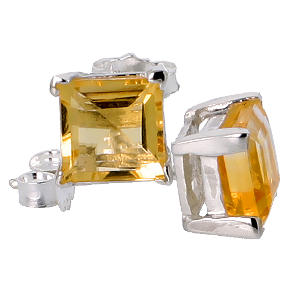 STERLING SILVER NATURAL CITRINE STUD EARRINGS 6MM PRINCESS SQUARE CUT BASKET SETTING