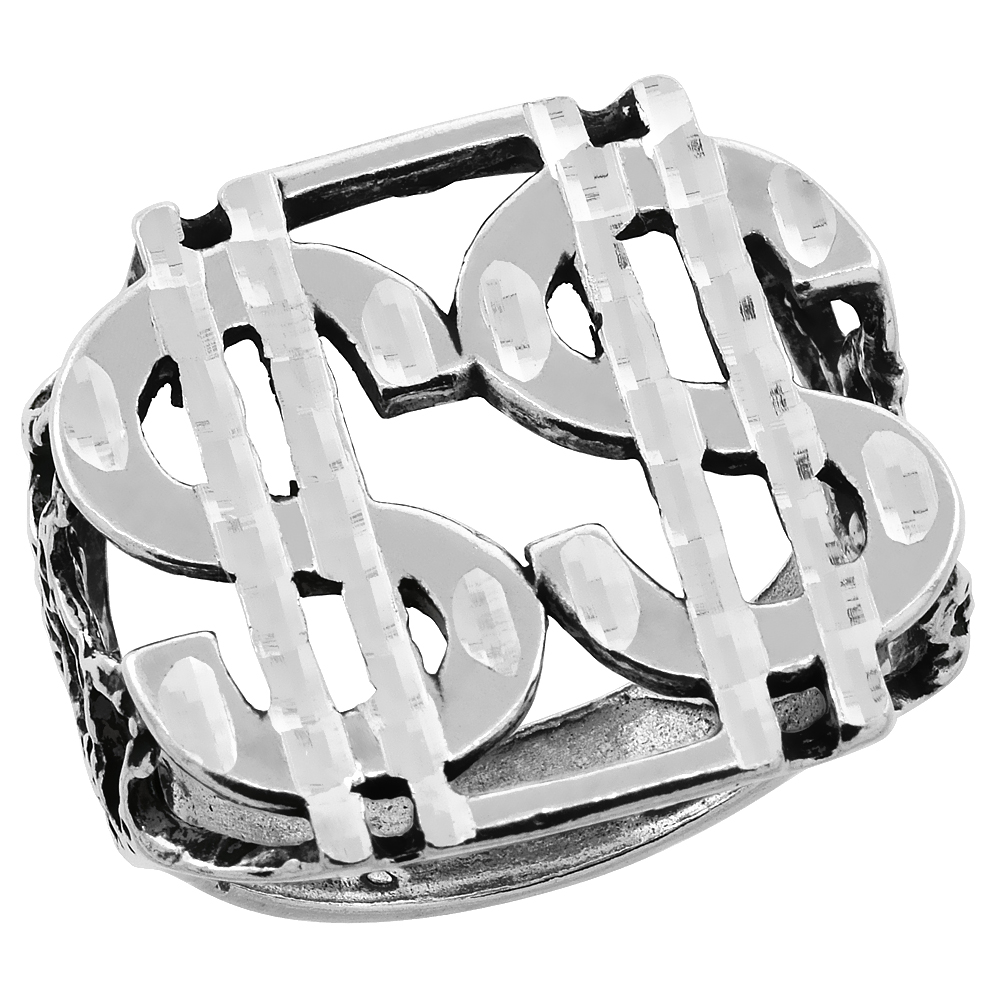 STERLING SILVER DOUBLE DOLLAR SIGN RING FOR MEN OXIDIZED 15/16 INCH WIDE SIZES 8 - 13