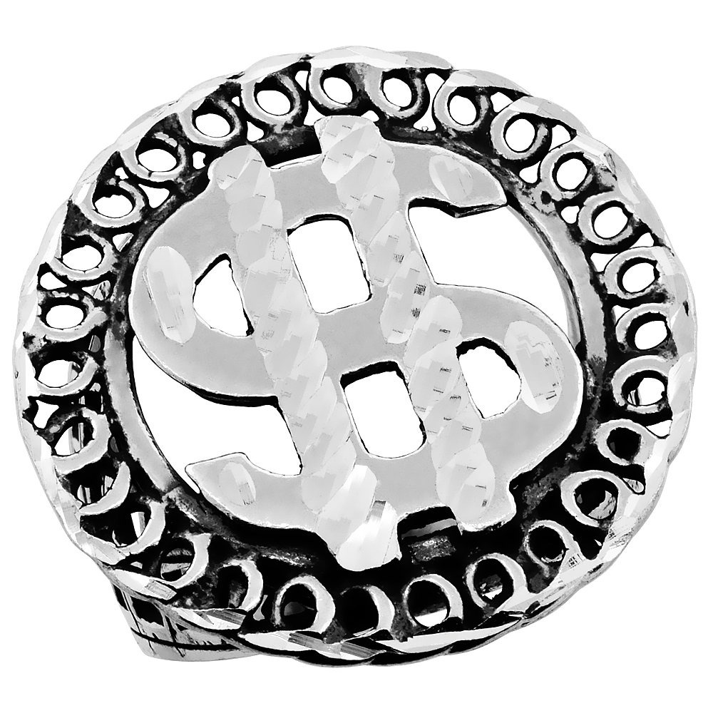 STERLING SILVER DOLLAR SIGN RING FOR MEN CIRCLES BORDER OXIDIZED 1 1/16 INCH WIDE SIZES 8 - 13