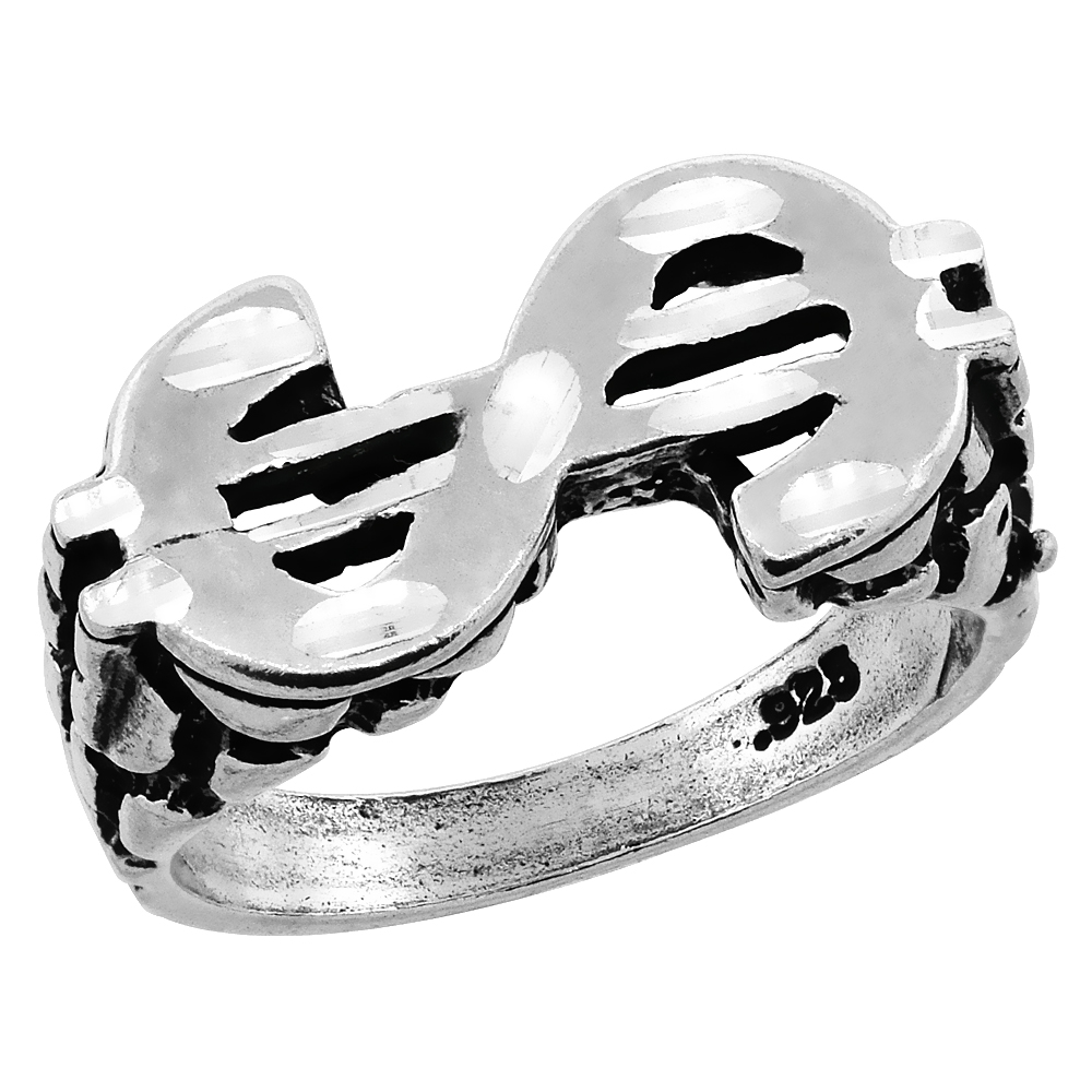 OXIDIZED SMALL STERLING SILVER SIDEWAYS DOLLAR SIGN RING FOR MEN NUGGET TEXTURE CUT-OUTS 8 - 13