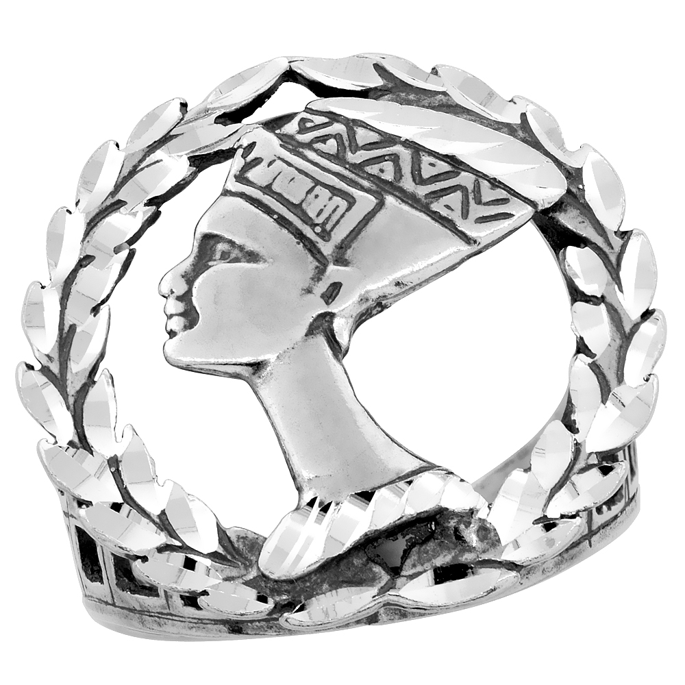 STERLING SILVER QUEEN NEFERTITI RING FOR MEN WREATH BORDER OXIDIZED 1 INCH WIDE SIZES 8 - 13