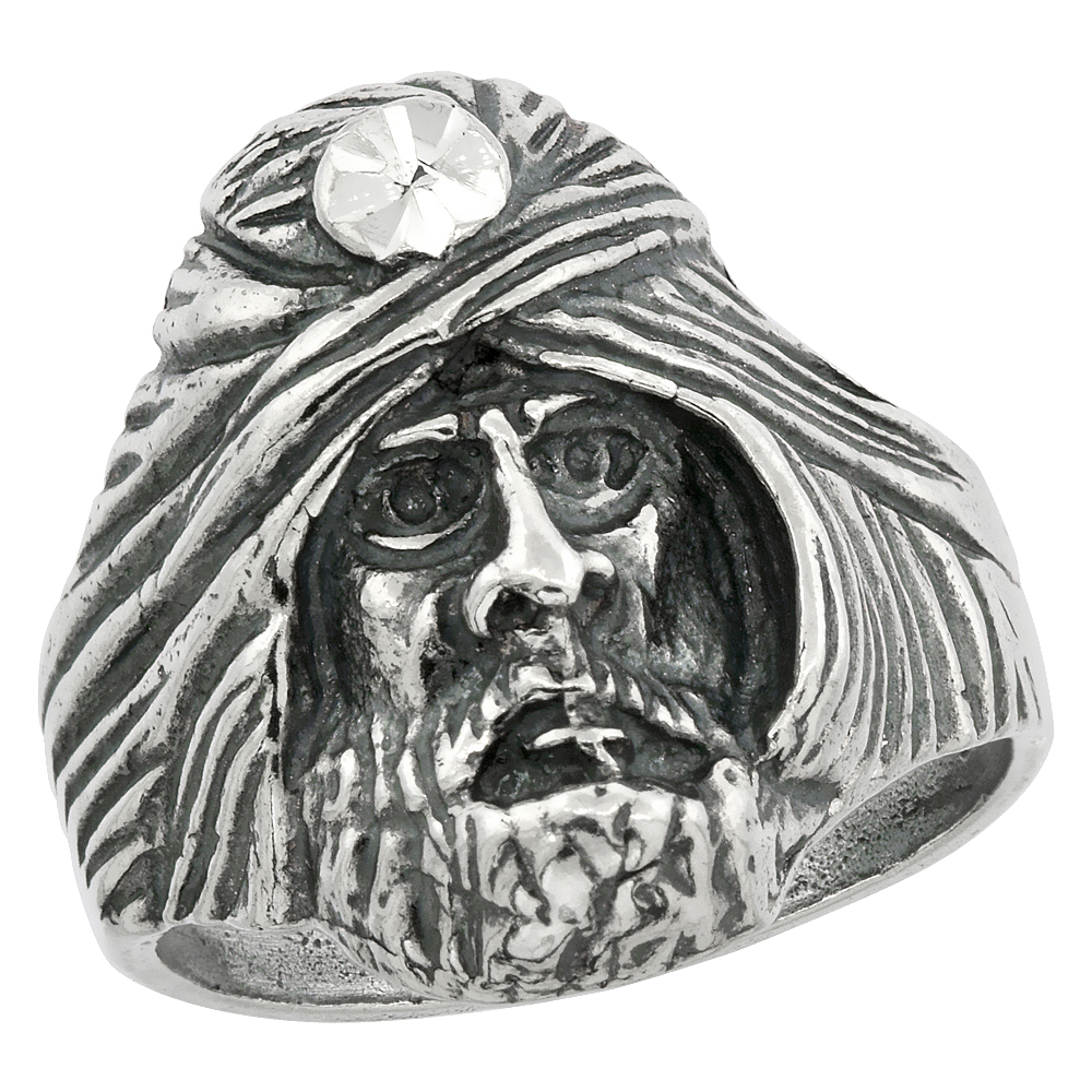 STERLING SILVER SORCERER HEAD RING FOR MEN OXIDIZED 15/16 INCH WIDE SIZES 8 - 13